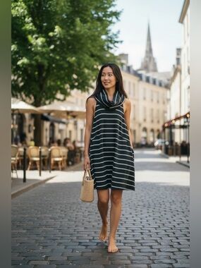 Shona Joy Striped Black and White Halter Dress Size 4